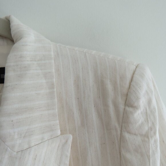 ZARA Linen Blend Neutral Oatmeal Stripe Roll Tab Sleeve Blazer Preppy - Size M - Picture 4 of 12